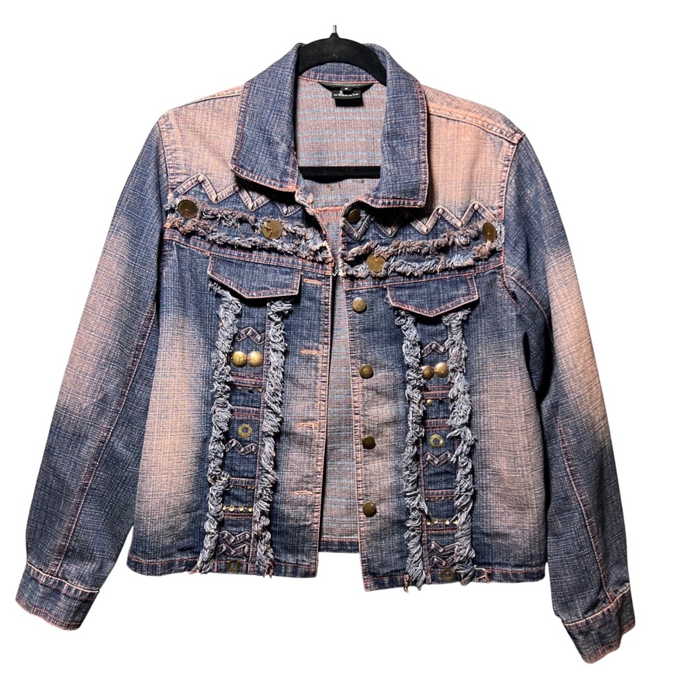 Multiples Womens Small Denim Jacket Acid Wash Fringe Embellished Boho Western